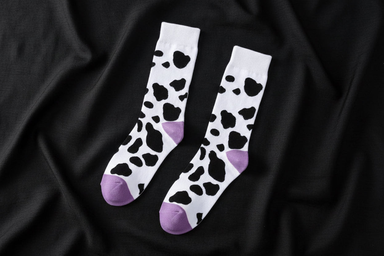 Cow printed socks purple